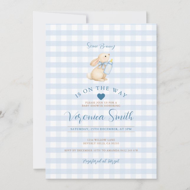 Convite de Chás de Bebê Coelho Baby Blue Gingham (Frente)