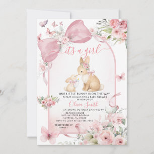 Convite de Chás de Bebê Coelho Floral Rosa com Laç