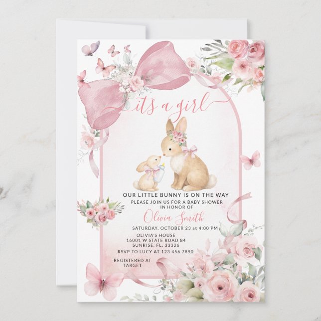 Convite de Chás de Bebê Coelho Floral Rosa com Laç (Frente)