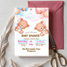 Convite de Chás de Bebê com Aquarela Rosa Azul Fof