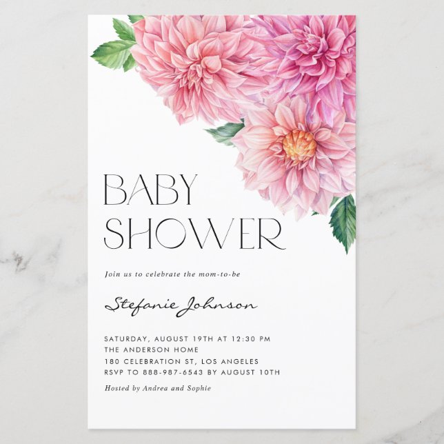 Convite de Chás de Bebê com Dahlia em Aquarela Ros (Frente)
