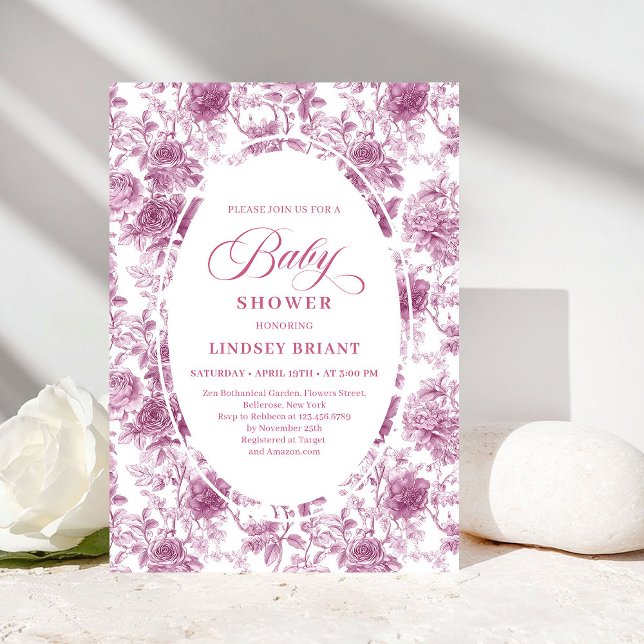 Convite de Chás de Bebê com Estampa de Rosa Clássi (Vintage Blush Rose Pattern French Toile Baby Shower)