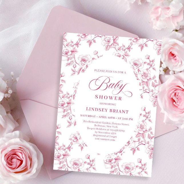 Convite de Chás de Bebê com Estampa de Rosa Rosa C (Blush Pink Rose Pattern French Toile Baby Shower Invite)
