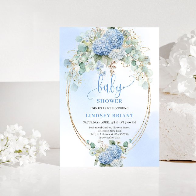 Convite de Chás de Bebê com Hortênsias Azuis Chic  (Chic Boho Blue Hydrangeas Baby Shower Invitation)