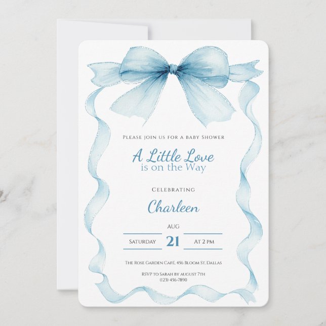 Convite de Chás de Bebê com Laço Azul Coquette (Frente)