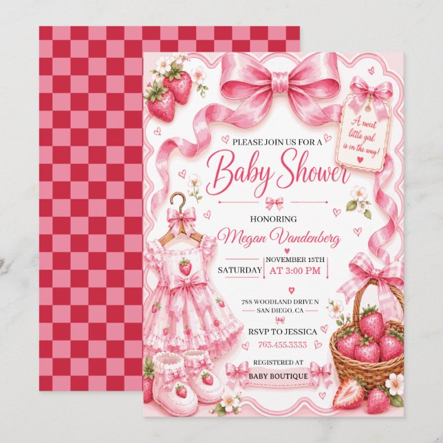 Convite de Chás de Bebê com Laço Coquette Rosa (Frente/Verso)