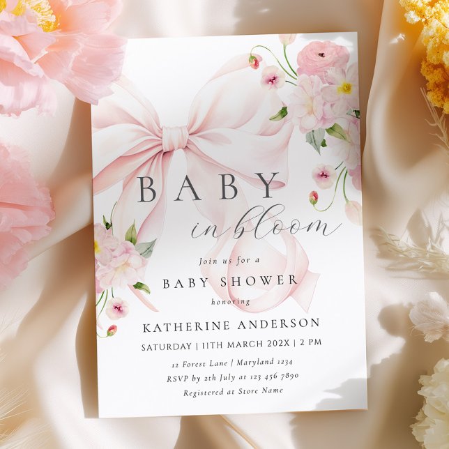 Convite de Chás de Bebê com Laço Rosa Baby In Bloo (Criador carregado)
