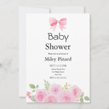 Convite de Chás de Bebê com Laço Rosa e Floral