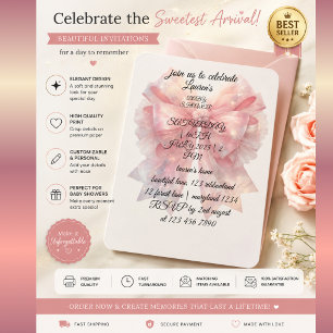 Convite de Chás de Bebê com Laço Rosa Luxuoso   Fe
