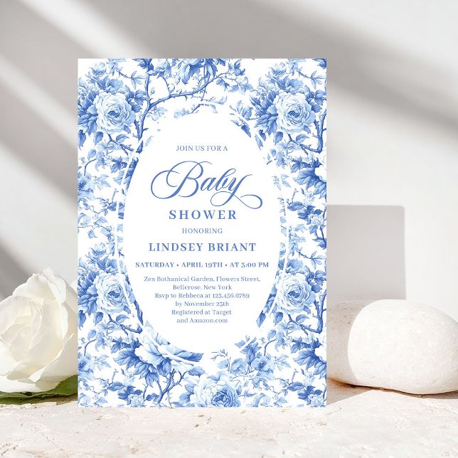 Convite de Chás de Bebê com Rosas Azuis Toile de J (French Toile de Jouy Blue Roses Baby Shower Invitation)