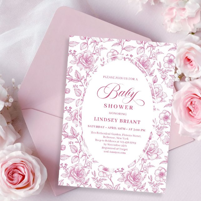 Convite de Chás de Bebê com Rosas Florais Clássica (Classic Floral Toile Roses Baby Shower Invitation)