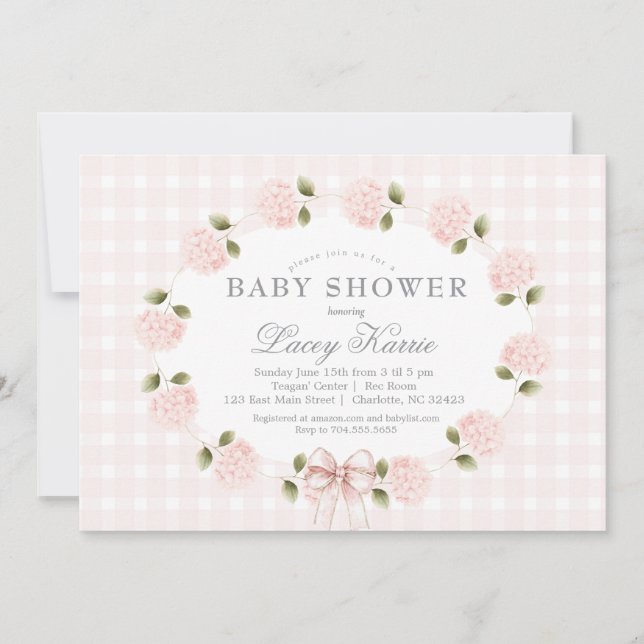 Convite de Chás de Bebê com Tema Floral Rosa,  (Frente)