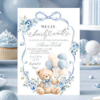Convite de Chás de Bebê Coquette Arco de Urso Azul