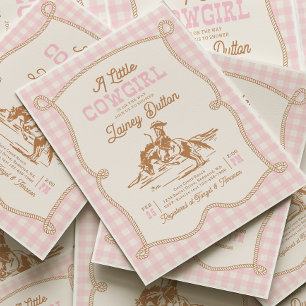 Convite de Chás de Bebê Cowgirl Xadrez Rosa