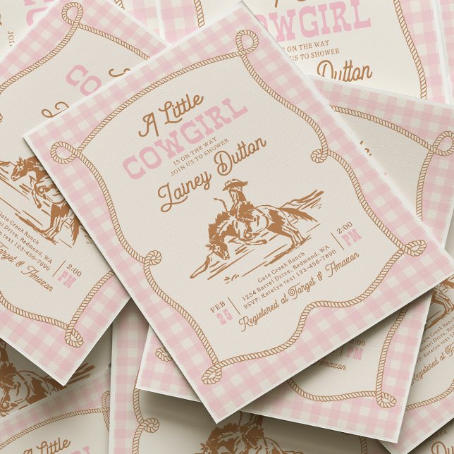 Convite de Chás de Bebê Cowgirl Xadrez Rosa (Criador carregado)