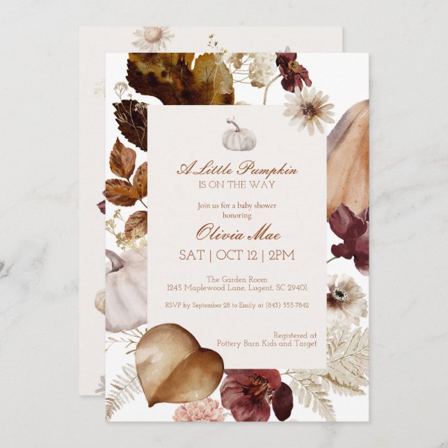 Convite de Chás de Bebê de Aquarela Pequena Abóbor (Frente/Verso)