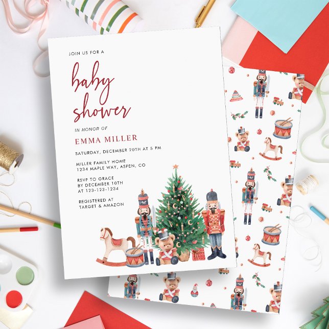 Convite de Chás de Bebê de Férias de Natal (Nutcracker Baby Shower Invitation by Painted Paperie)
