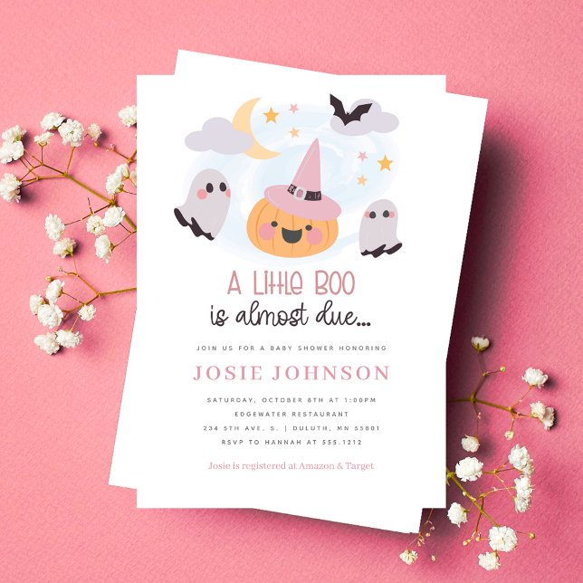 Convite de Chás de Bebê de Halloween Rosa Little B (Pink Little Boo Halloween Baby Shower Invitation)