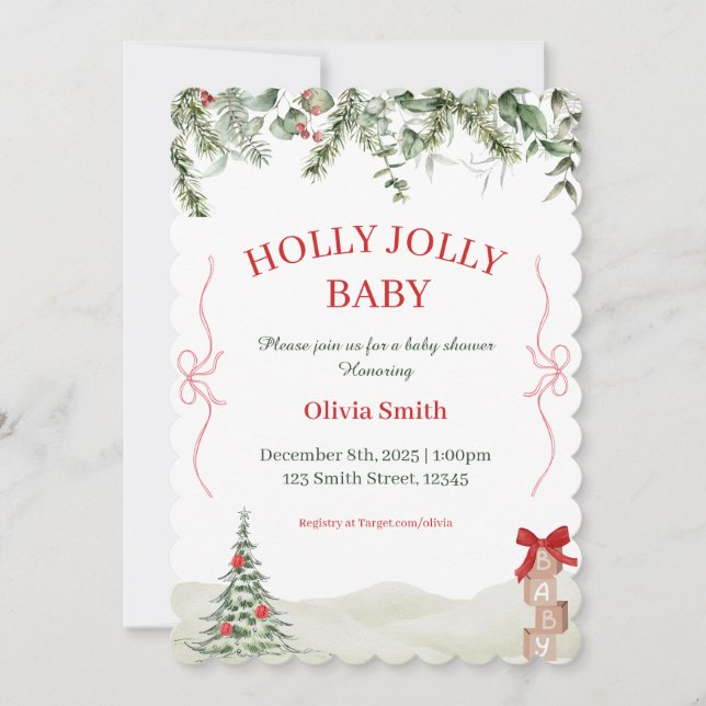 Convite de Chás de Bebê de Natal Holly Jolly (Frente)