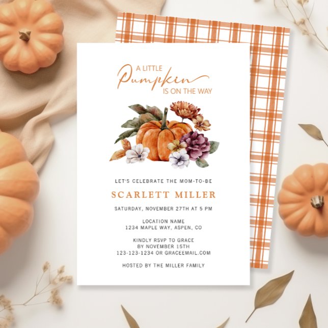 Convite de Chás de Bebê de Outono com Abóbora (A Little Pumpkin Is On The Way Baby Shower Invitation Fall Autumn Watercolor Floral)