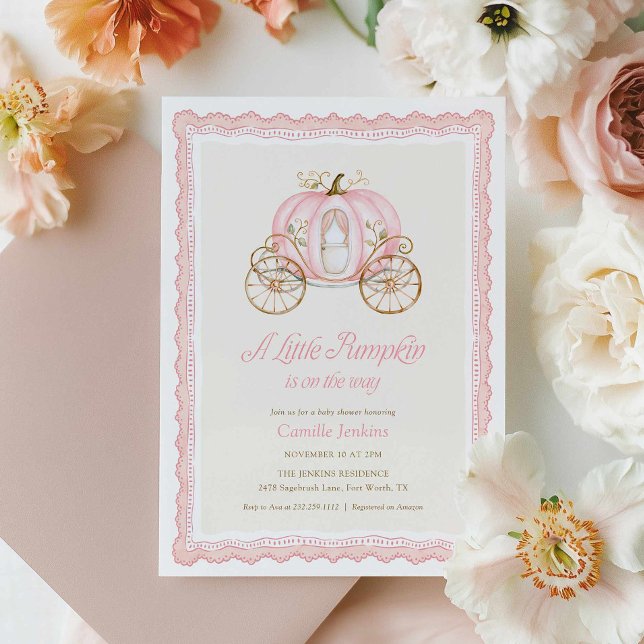 Convite de Chás de Bebê de Outono com Abóbora Rosa (Little Pumpkin is the way Girl baby shower invitation)