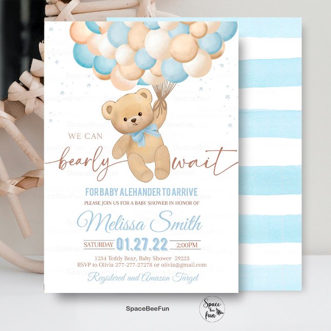 Convite de Chás de Bebê do Ursinho Teddy Mal Podem (Teddy Bear invites,Baby Shower,Invitation,We Can Bearly,Wait Boy, hot air balloon,Bear Theme,Baby Sh)