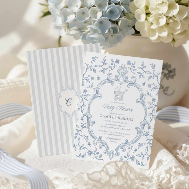 Convite de Chás de Bebê Elegante com Crista Azul (Blue Toile Baby Shower Invitation)
