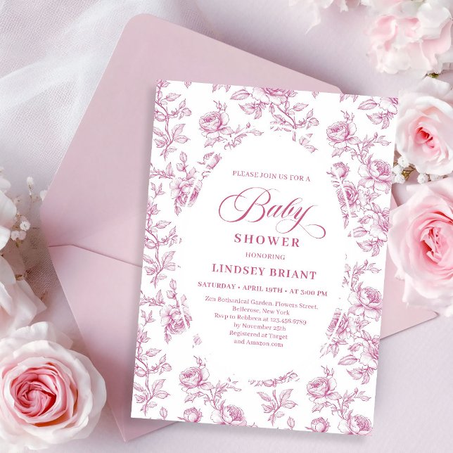 Convite de Chás de Bebê Elegante com Rosas Toile e (pink French toile de jouy,
Luxurious blush roses baby shower,
dusty pink flowers botanical garden,
R)