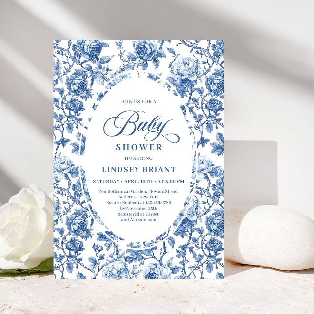 Convite de Chás de Bebê Elegante Toile de Jouy Azu (Elegant Navy Toile de Jouy Rose Baby Shower Invitation)