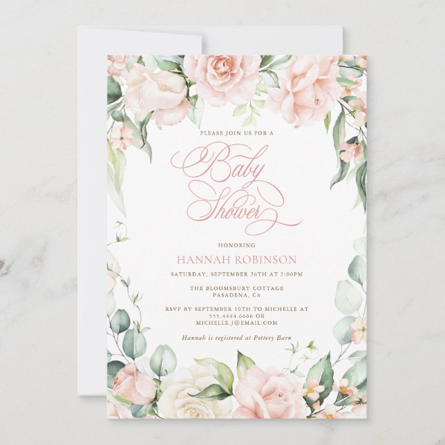 Convite de Chás de Bebê Elegantes com Flores Rosad (Frente)