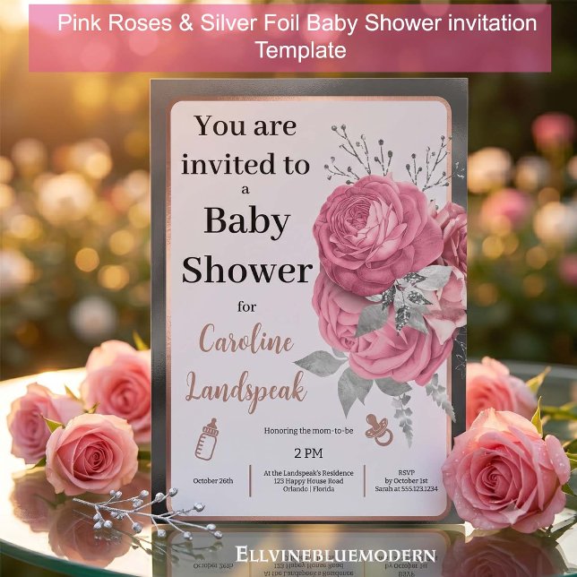 Convite de Chás de Bebê Elegantes Rosas Cor-de-Ros (Elegant Pink Roses & Silver Foil Baby Shower Invitation Template, 5” x 7” Card for Mom-to-Be)