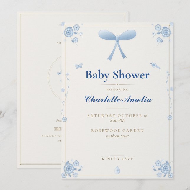 Convite de Chás de Bebê em Chinoiserie com Laço Az (Frente/Verso)