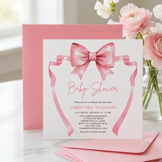 Convite de Chás de Bebê Fita Rosa Coquette (Criador carregado)