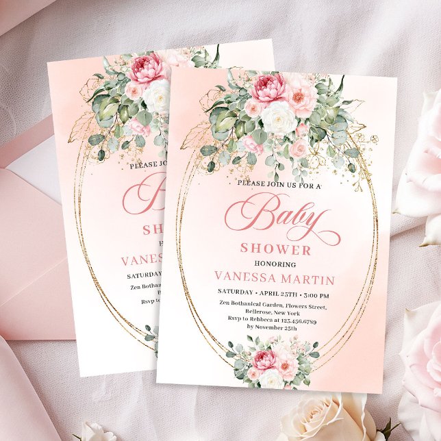 Convite de Chás de Bebê Flor de Rosa Blush Boêmio  (Soft Bohemian Blush Floral Gold Baby Shower Invite)