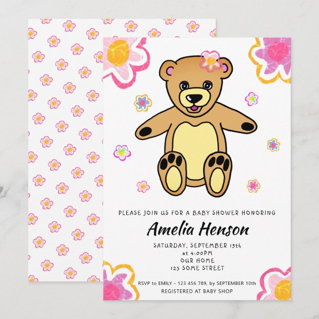 Convite de Chás de Bebê Flor Menina Urso de Pelúci (Frente/Verso)