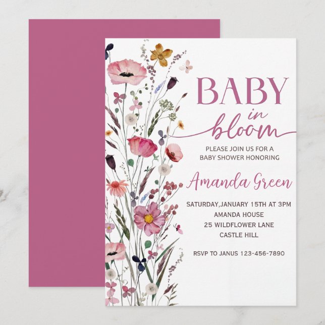 Convite de Chás de Bebê Floral Baby In Bloom (Frente/Verso)