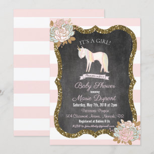 Convite de Chás de Bebê Floral Brilho de Unicórnio