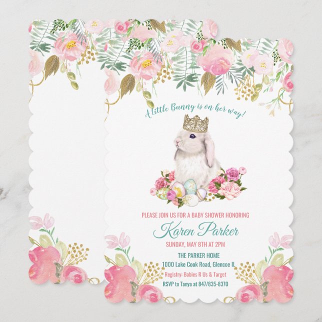 Convite de Chás de Bebê Floral Coelhinho (Frente/Verso)