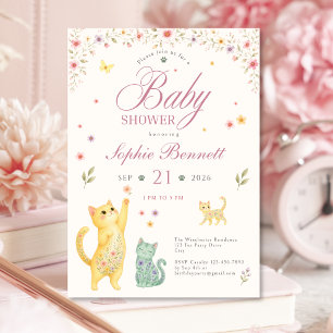 Convite de Chás de Bebê Floral com Gatos para Meni