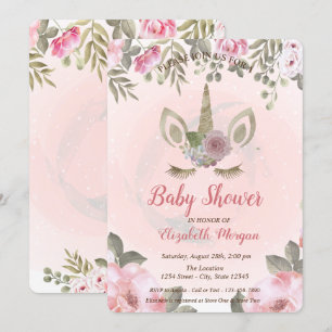 Convite de Chás de Bebê Floral com Rosto de Unicór