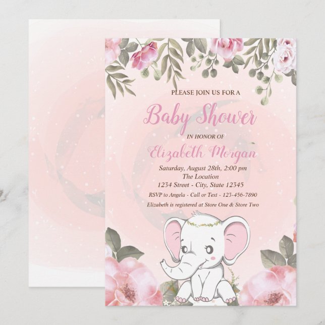 Convite de Chás de Bebê Floral de Elefante Bebê (Frente/Verso)