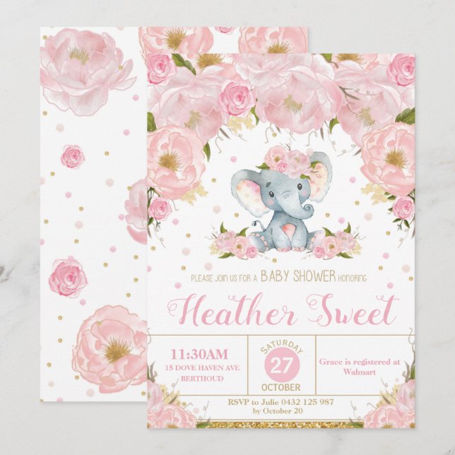 Convite de Chás de Bebê Floral de Elefante Menina (Frente/Verso)