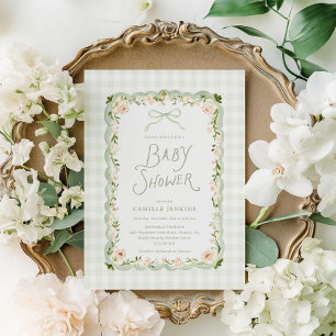 Convite de Chás de Bebê Floral em Xadrez Verde