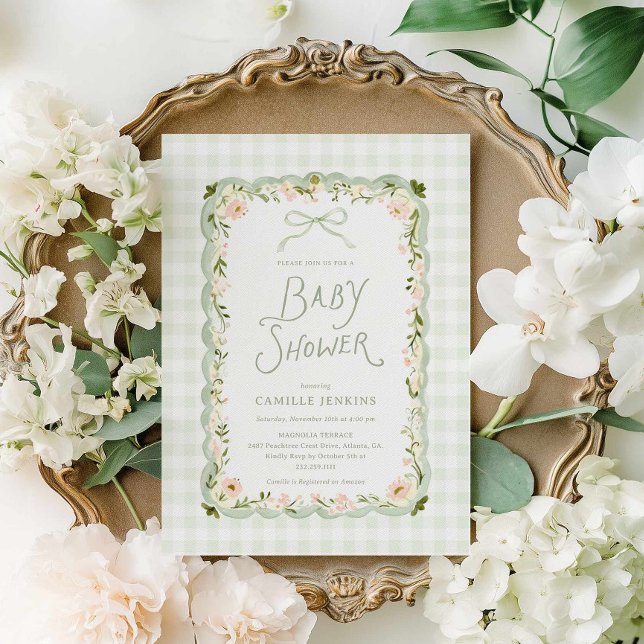 Convite de Chás de Bebê Floral em Xadrez Verde (Elegant Sage Green Gingham Baby Shower Invitation)