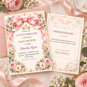 Convite de Chás de Bebê Floral Laço Rosa Princesa