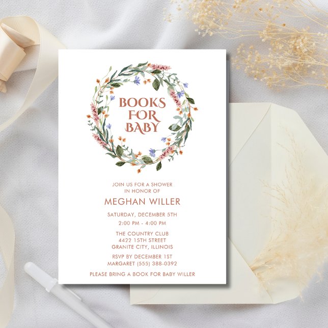 Convite de Chás de Bebê Floral Livros Para o Bebê (Books For Baby Floral Baby Shower Invitation)