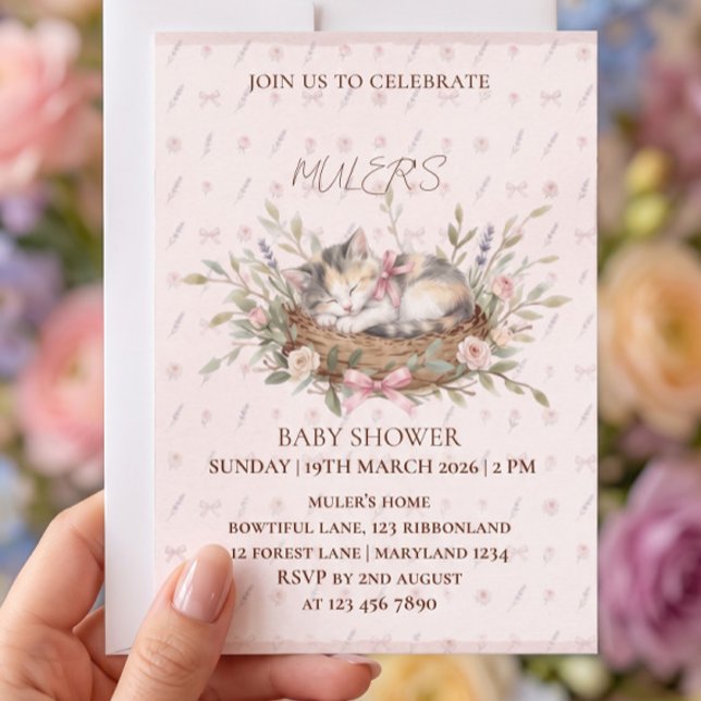 Convite de Chás de Bebê Floral Menina Gatinho (Criador carregado)