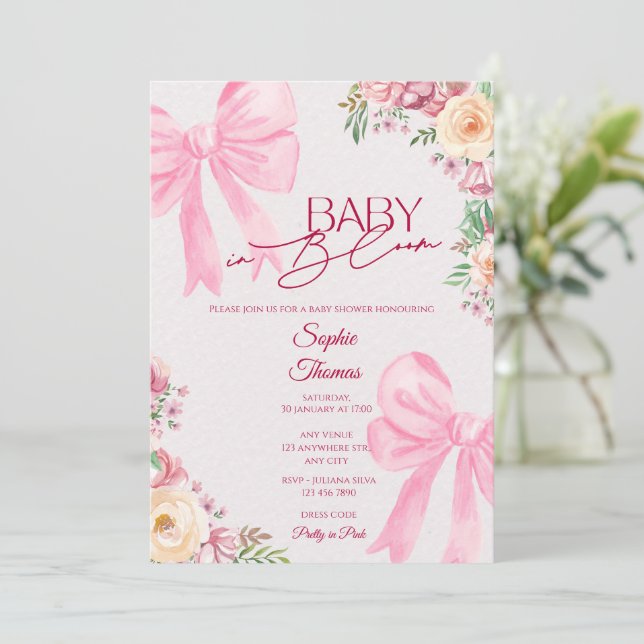 Convite de Chás de Bebê Floral Rosa Baby in Bloom (Em pé/Frente)