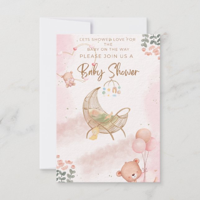 Convite de Chás de Bebê Floral Rosa Fofo com Teddy (Frente)