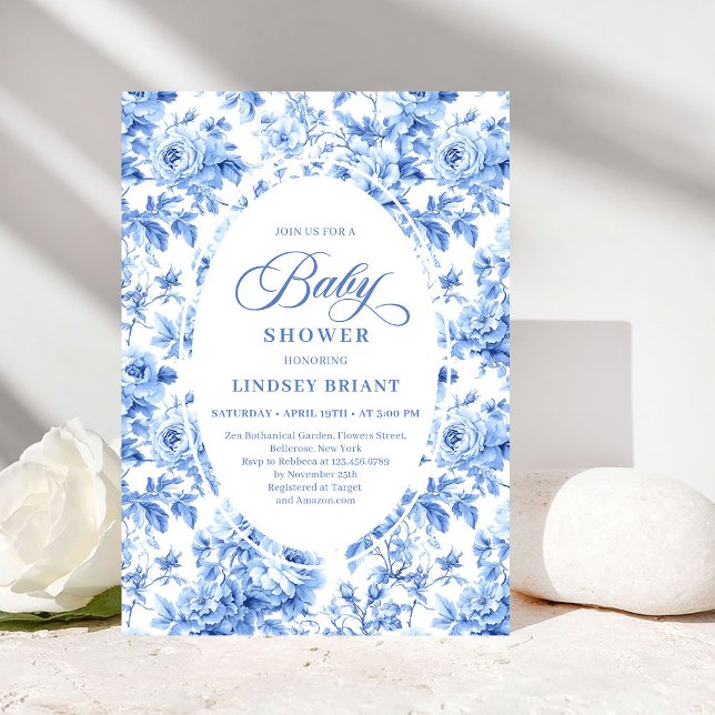 Convite de Chás de Bebê Floral Toile de Jouy Azul  (Refined Royal Blue Toile de Jouy Floral Baby Shower)